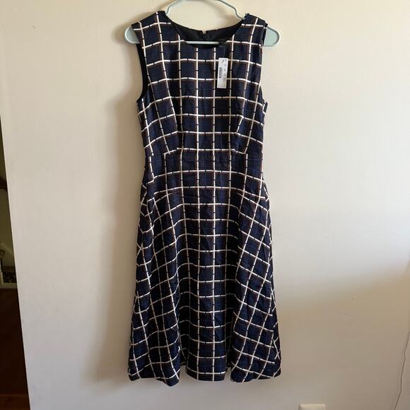 J.CREW Dresses & Skirts - J Crew Silk A Line Twill Midi Dress Black Blue Ivory Windowpane Check Size 4 NWT